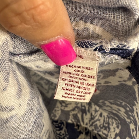 JM Collection 3/4 Sleeve Linen Button Up Tunic Blue & White Paisley SZ 14 - Picture 7 of 9